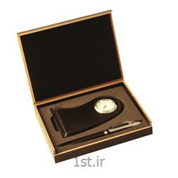 ست هدیه تبلیغاتی دو تیکه خودکار و ساعت رومیزی چرمی SM36