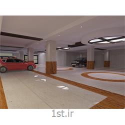 طراحی دکوراسیون داخلی محوطه پارکینگ با استفاده از سنگ مرمریت صلصالی و تراورتن قهوه ای و طراحی سقف با استفاده از چوب