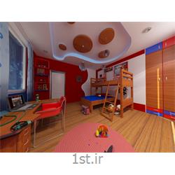 عکس طراحی ساختمانطراحی دکوراسیون داخلی اتاق خواب با رنگبندی قرمز و آبی و استفاده از چوب با رنگ قهوه ای روشن